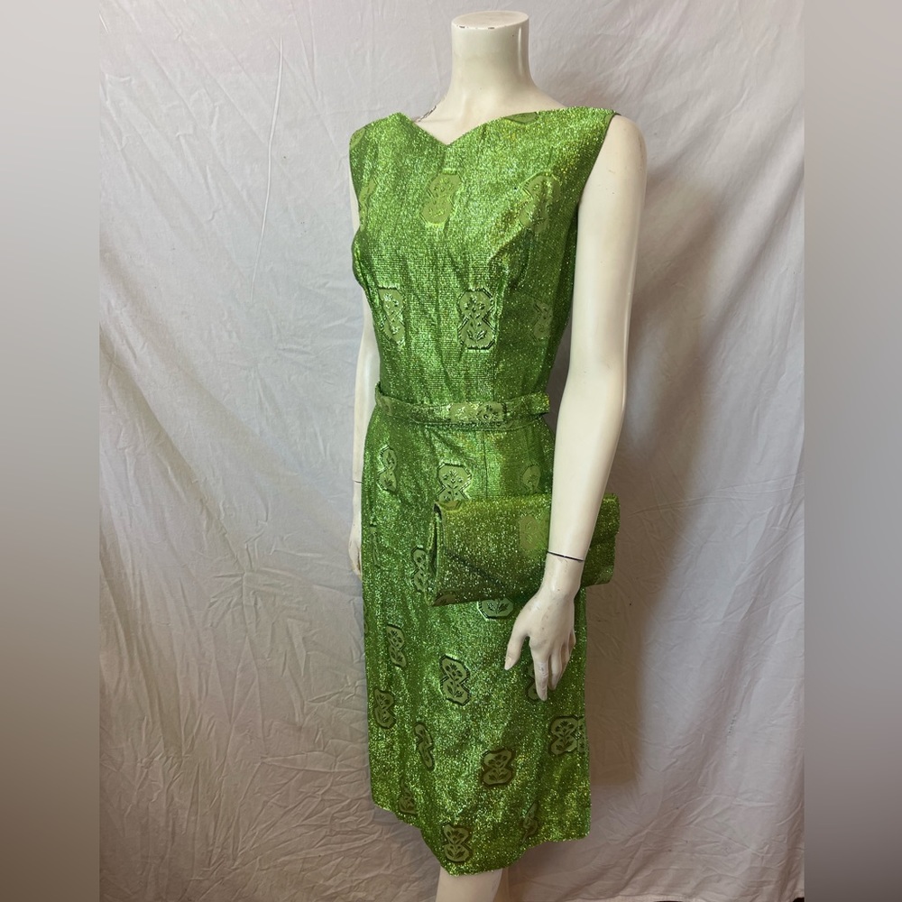 Rare! 5 piece 1950’s-60’s vintage metallic green brocade dress shoes clutch belt